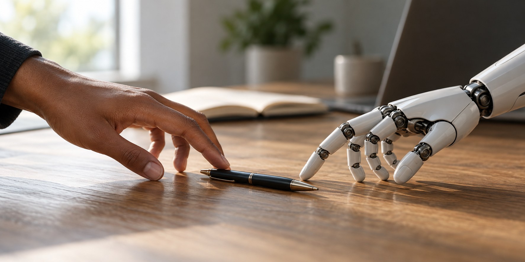 A human hand and a robotic hand reaching for the same pen on a desk