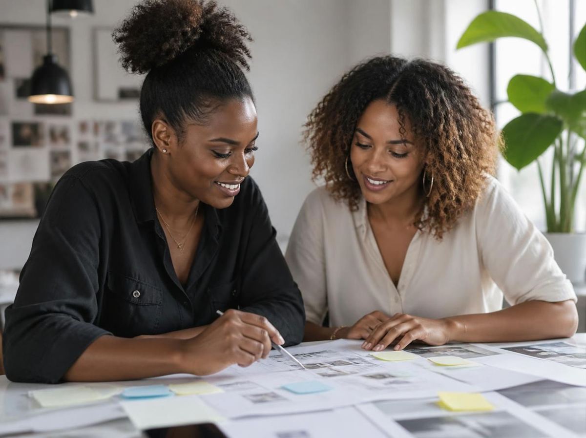 Two colleagues smiling as they plan a project over printed layouts and sticky notes
